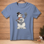 Snowman wearing a hat and scarf holds toilet paper labeled "Good As New."