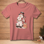 Snowman wearing hat and scarf eating donut next to "No Mess Bakery" bag.