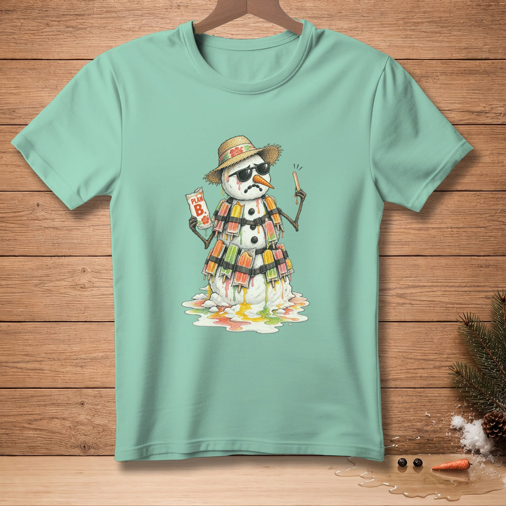 Melting snowman with sunglasses and popsicle body holds "Plan B" and a popsicle.