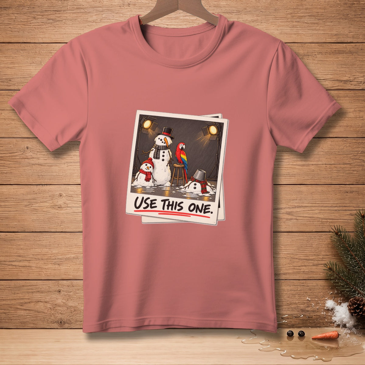 Snowmen and a parrot on a stage with text "USE THIS ONE."