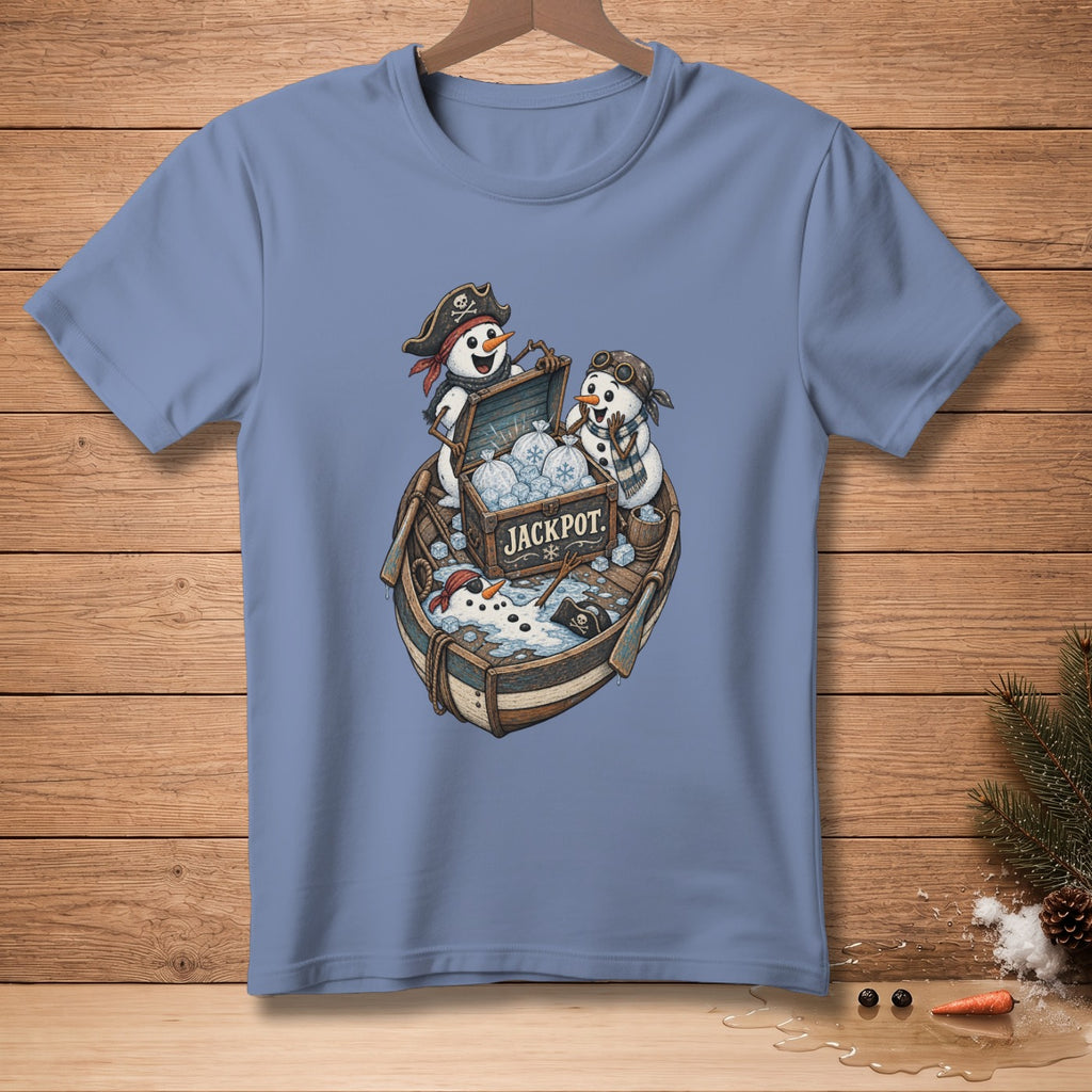 Pirate snowmen in a boat with a treasure chest labeled "JACKPOT".