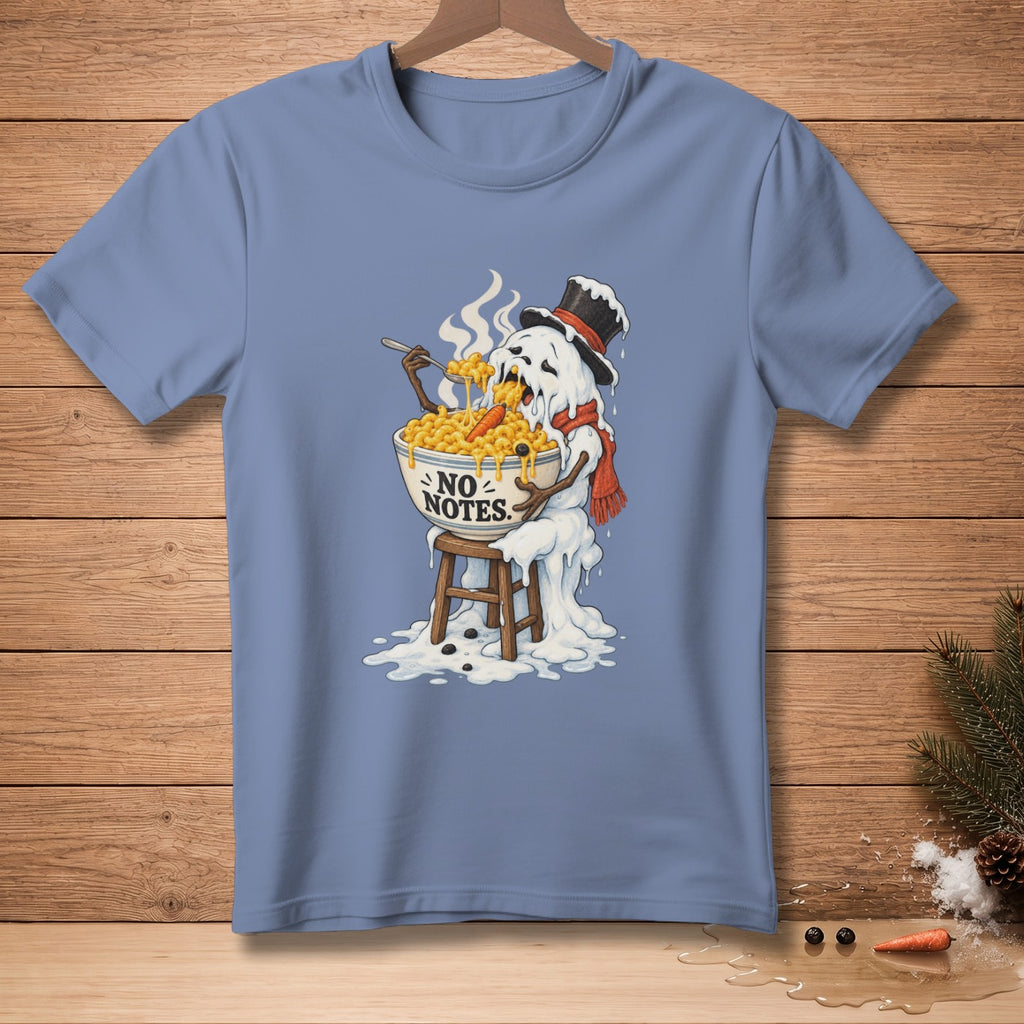 Melting snowman with scarf and hat eating mac and cheese from bowl that says "NO NOTES."