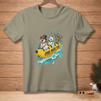 Snowmen wearing scarves and hats ride a yellow inflatable tube on water with text "ONE MORE TIME".