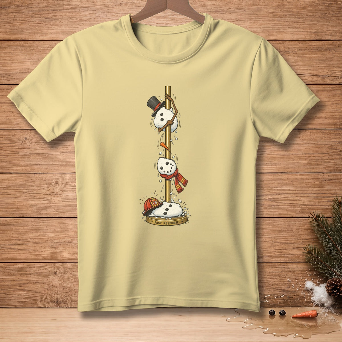 Yellow t-shirt with three snowmen climbing a pole. "Fast Response" text below.