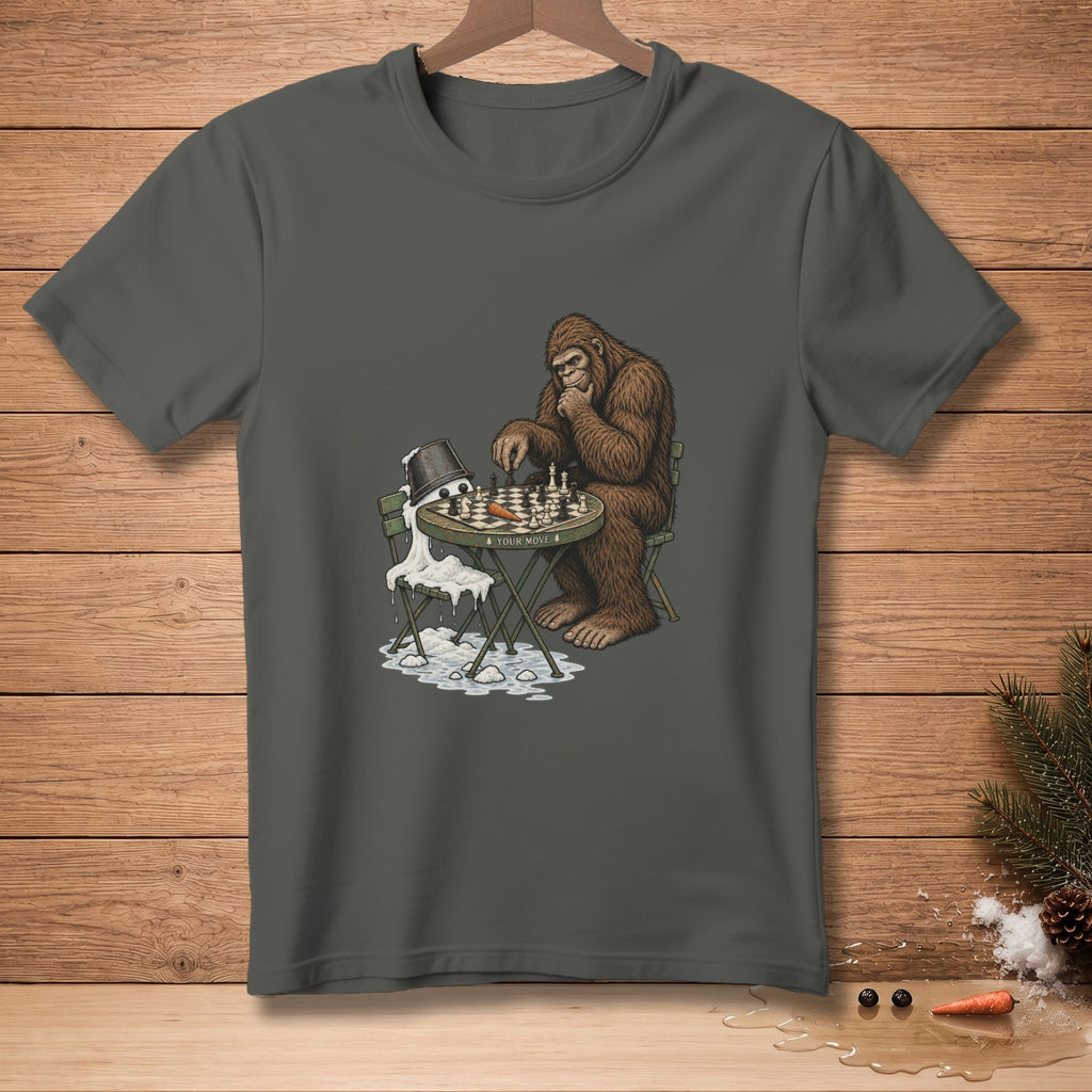 Bigfoot plays chess with a fallen bucket and spilled milk, with text "Your Move".