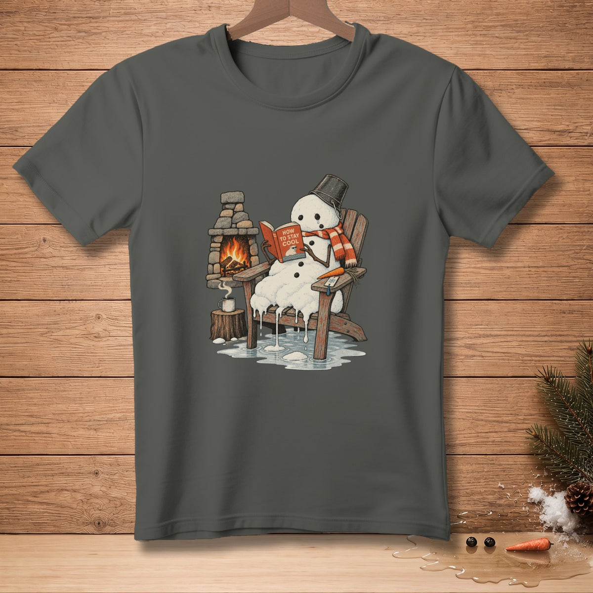 Melting snowman reads "How to Stay Cool" by a fireplace with a mug.