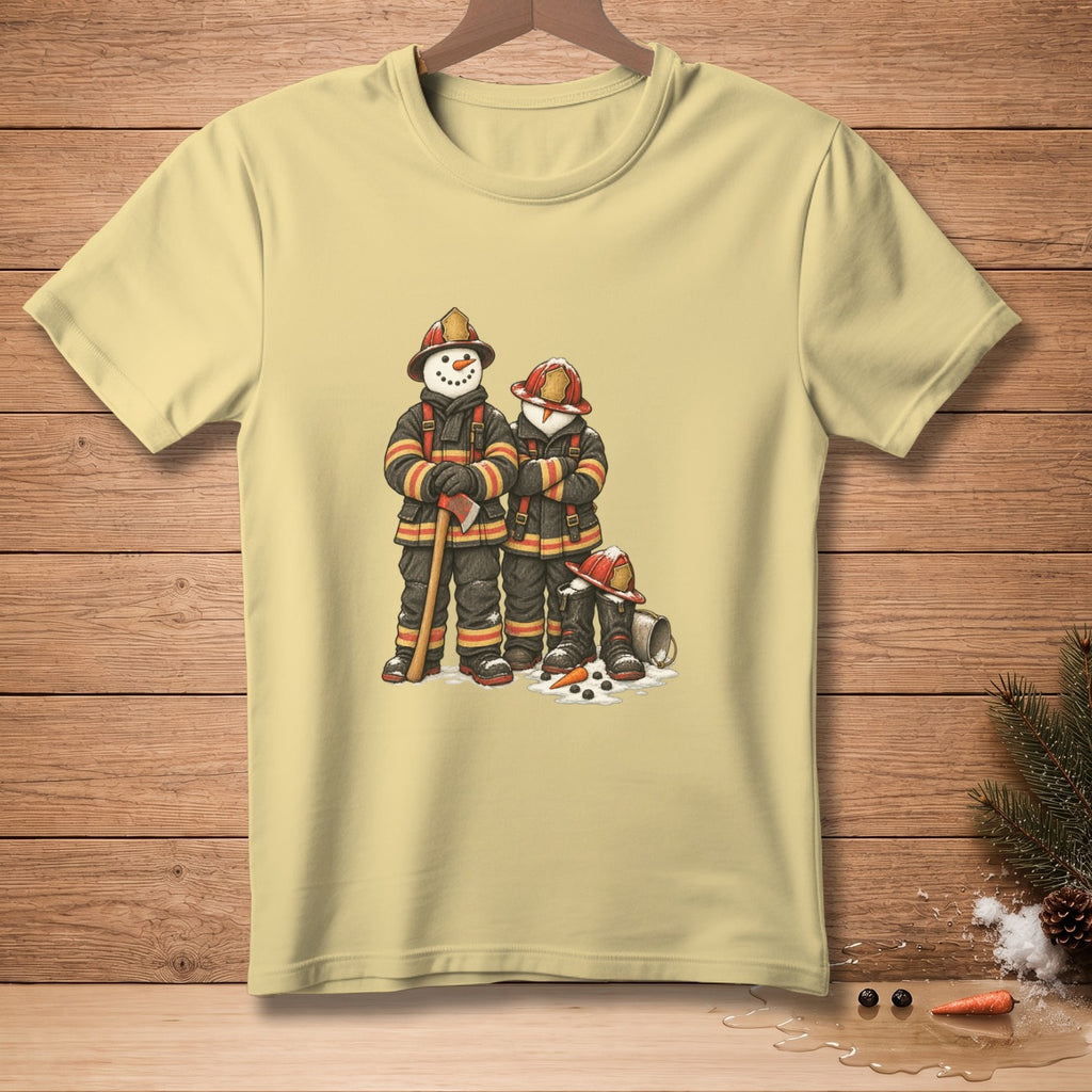Light yellow t-shirt featuring two snowmen dressed as firefighters with an axe.
