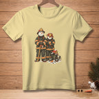 Light yellow t-shirt featuring two snowmen dressed as firefighters with an axe.