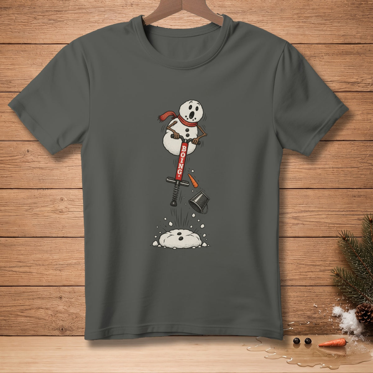 Snowman in red scarf on pogo stick with "BOING" text, losing carrot nose and hat.