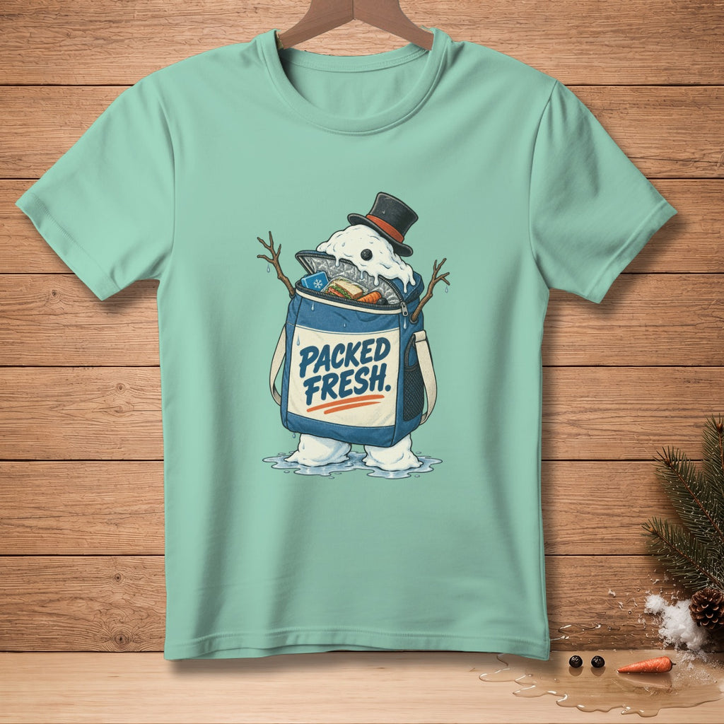 Mint t-shirt with graphic of melting snowman in cooler bag saying "PACKED FRESH."