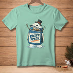 Mint t-shirt with graphic of melting snowman in cooler bag saying "PACKED FRESH."