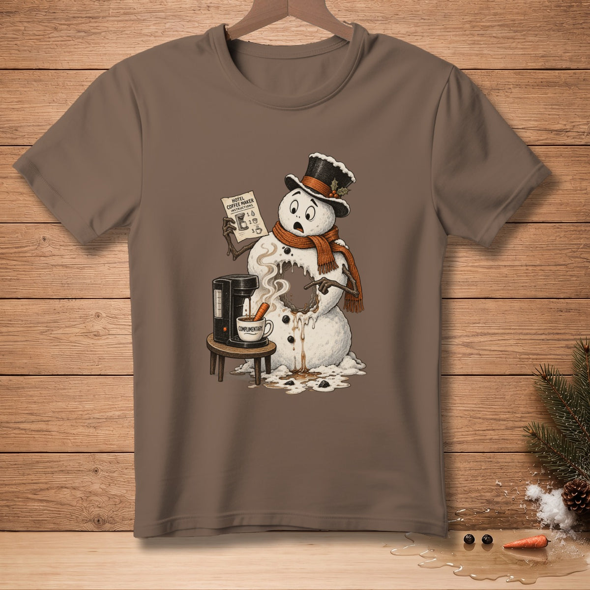 Snowman melting while reading hotel coffee maker instructions, with a coffee cup.