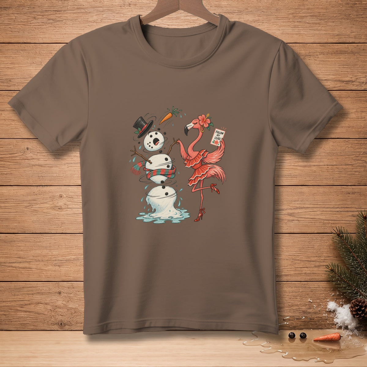 Melting snowman with flamingo holding "Follow My Lead" sign.