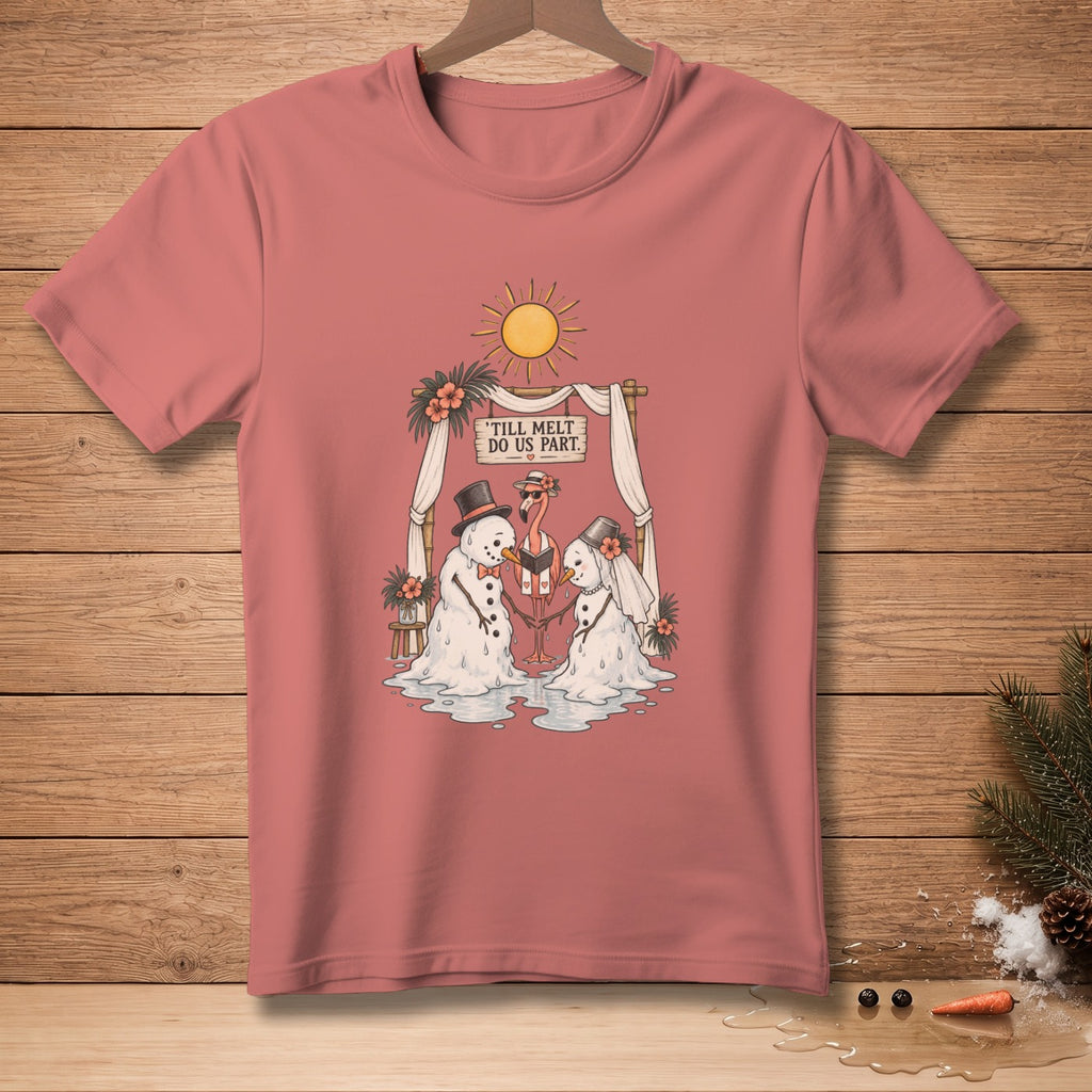T-shirt graphic of two melting snowmen wedding with flamingo and text "Till Melt Do Us Part."