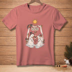 T-shirt graphic of two melting snowmen wedding with flamingo and text "Till Melt Do Us Part."