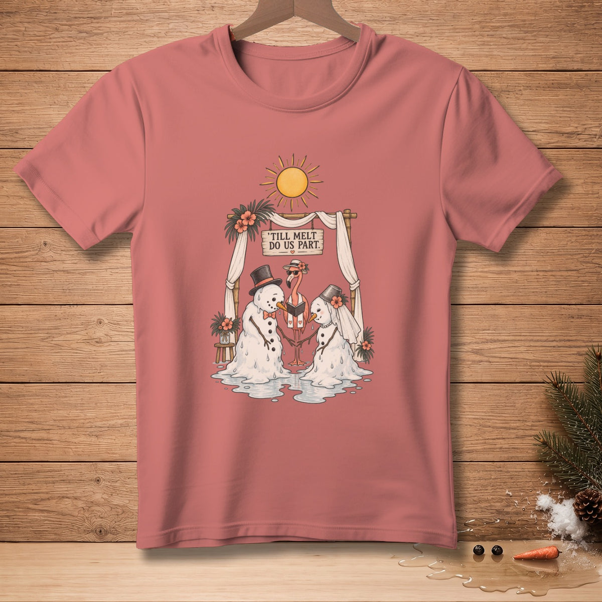 T-shirt graphic of two melting snowmen wedding with flamingo and text "Till Melt Do Us Part."