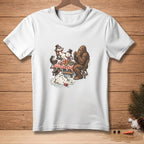 Bigfoot and snowmen have a picnic with a melting snowman on a checkered blanket.