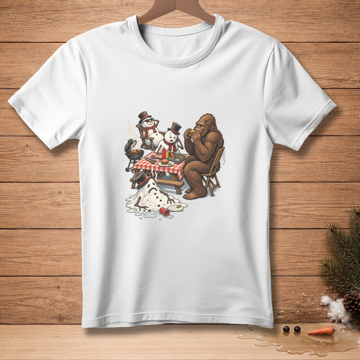Bigfoot and snowmen have a picnic with a melting snowman on a checkered blanket.