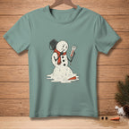 Melting snowman with thermometer showing "Confirmed" on a teal t-shirt.