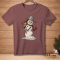 Melted snowman with a bucket on its head drinking from a bottle labeled "ALMOST".