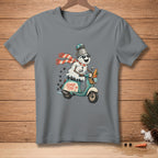 Melting snowman on a scooter with "Island Time" text and palm tree graphic.