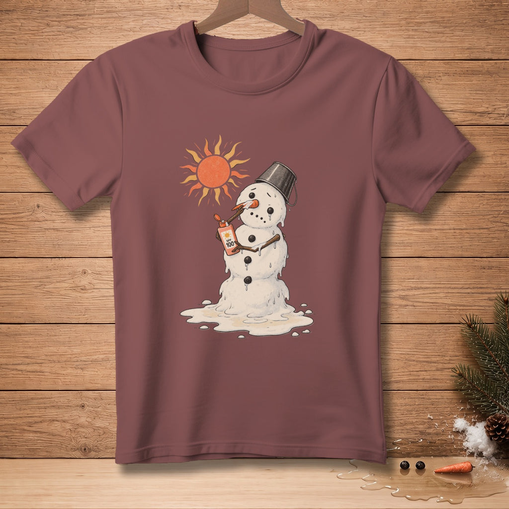 Melting snowman in sun holding SPF 100 sunscreen bottle.