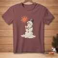 Melting snowman in sun holding SPF 100 sunscreen bottle.