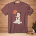 Melting snowman in sun holding SPF 100 sunscreen bottle.