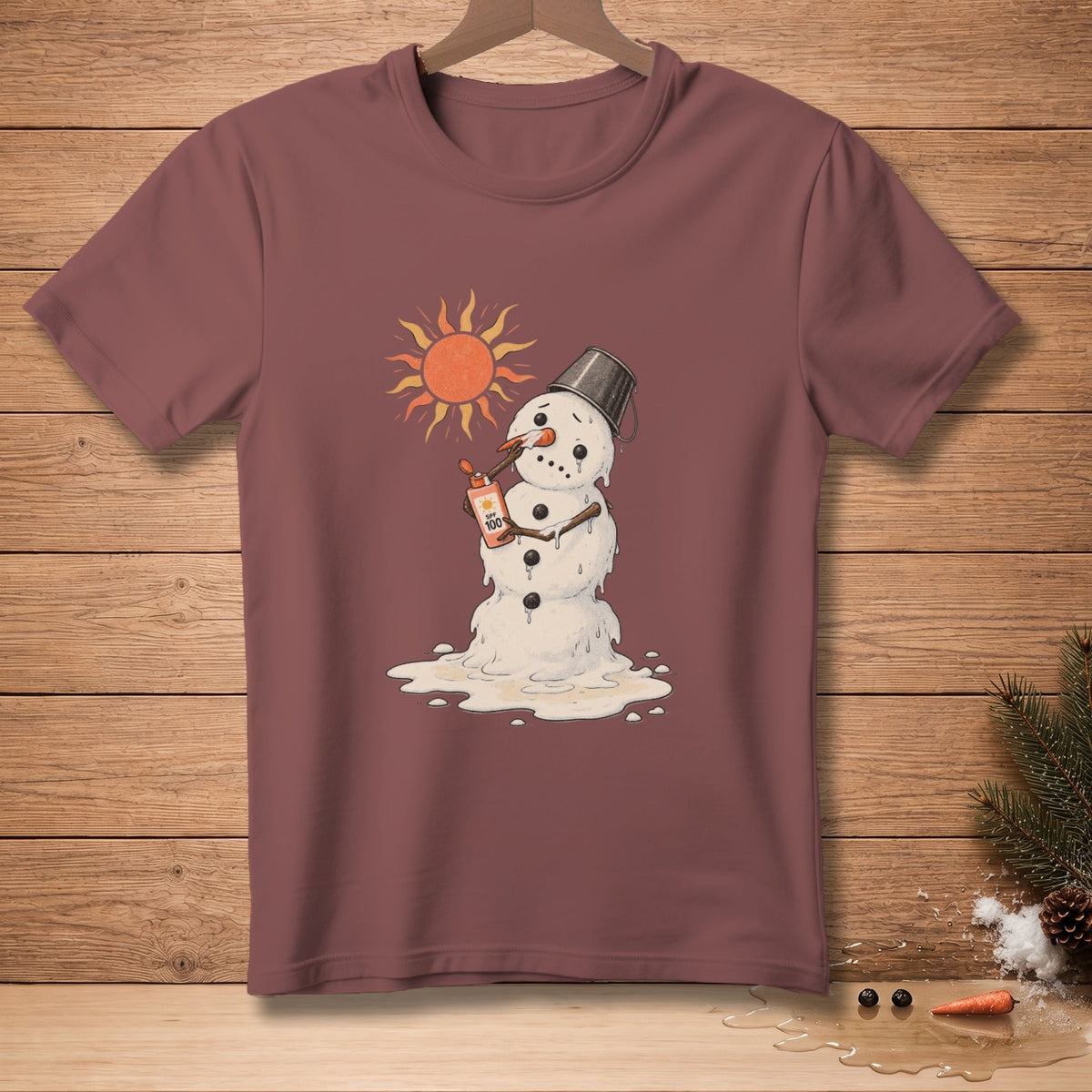 Melting snowman in sun holding SPF 100 sunscreen bottle.