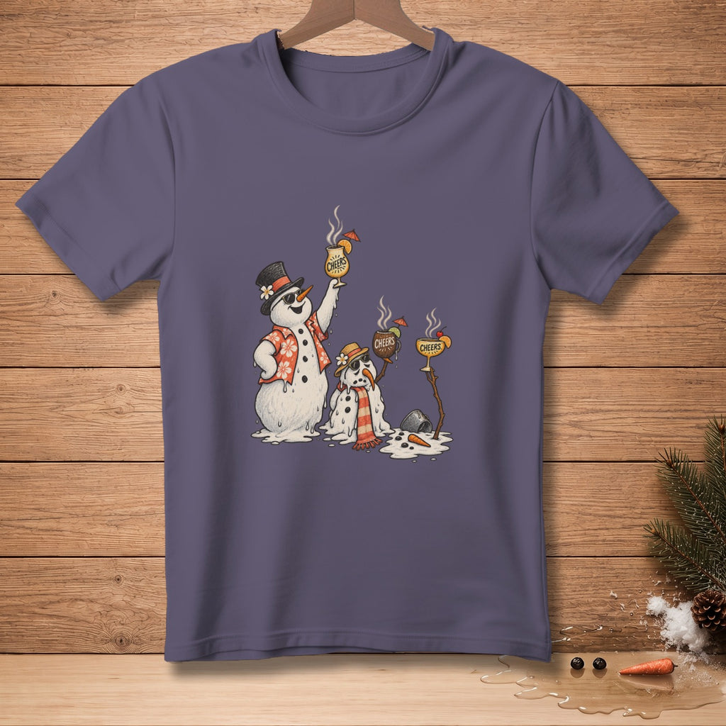 Melting snowmen in Hawaiian shirts and sunglasses holding "Cheers" cocktails.