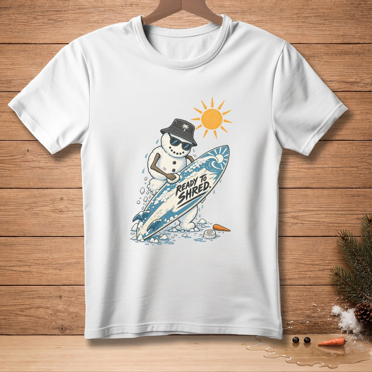 Snowman in bucket hat and sunglasses holding surfboard with "READY TO SHRED" text.