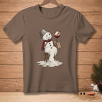 Melting snowman with bucket hat, scarf, and wine, "Notes of Carrot" tag.