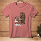 Bigfoot plays chess with a melting snowman on a table.
