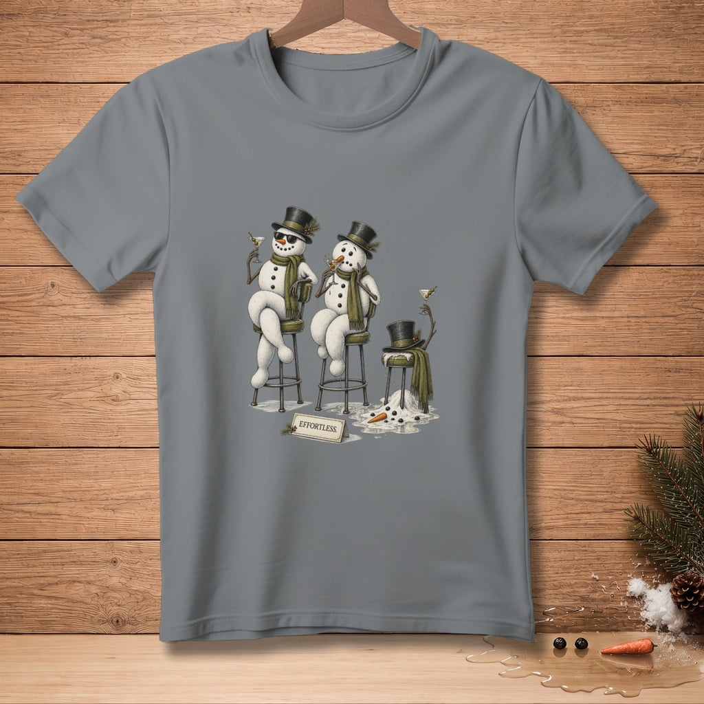 Two snowmen in top hats and scarves sitting at bar stools, one melting.