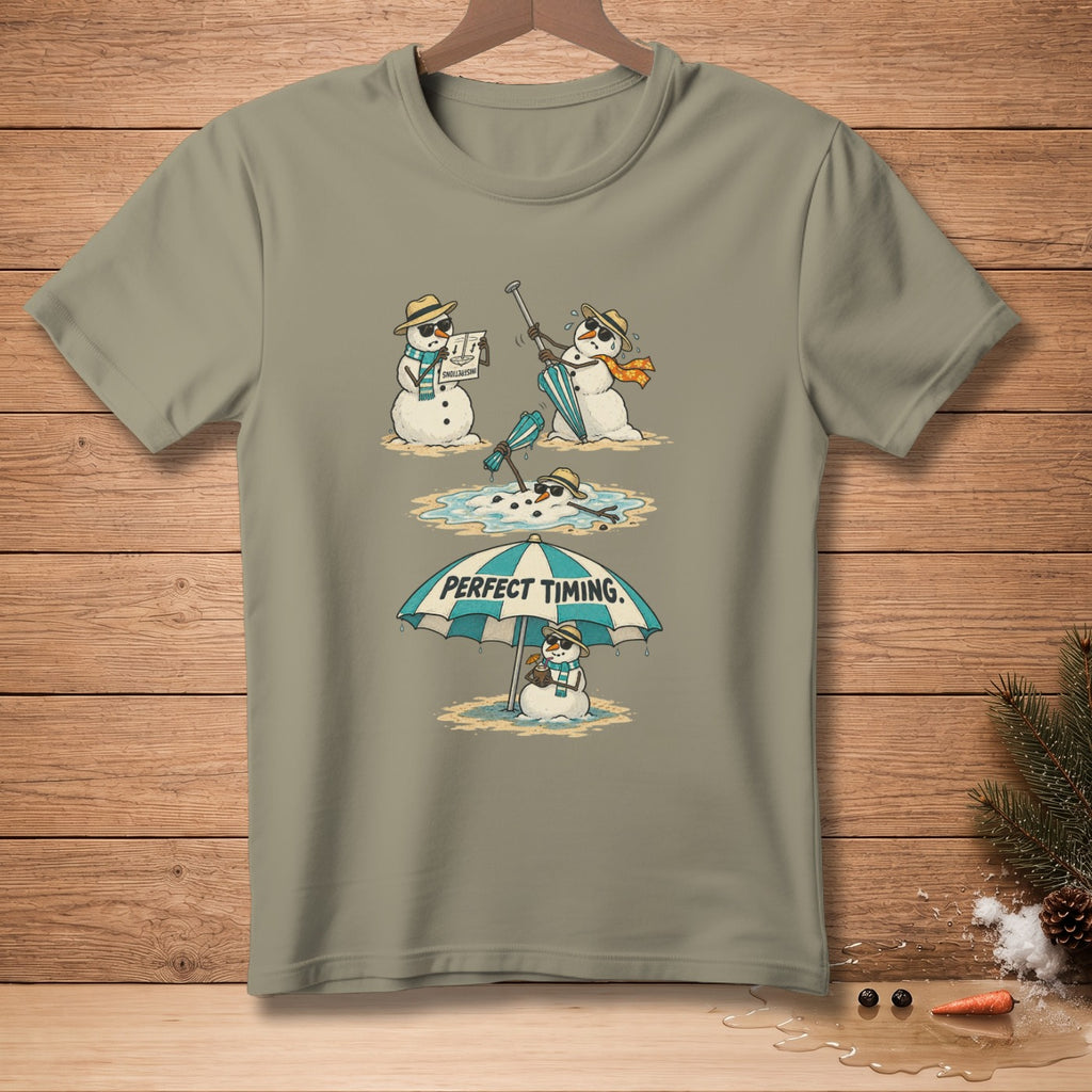 Three melting snowmen on a beach with "PERFECT TIMING." umbrella.