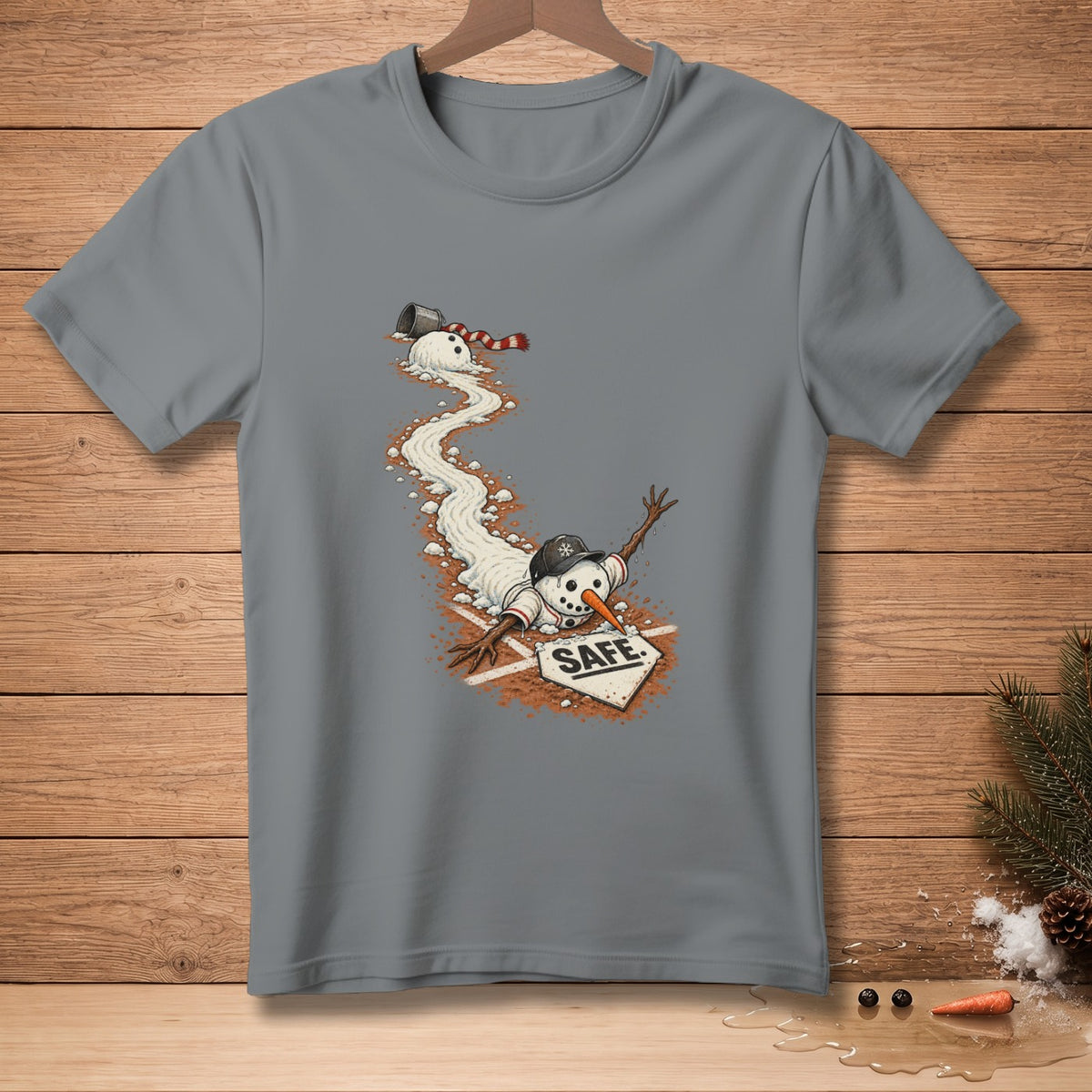 Melting snowman sliding into home plate, labeled "SAFE".