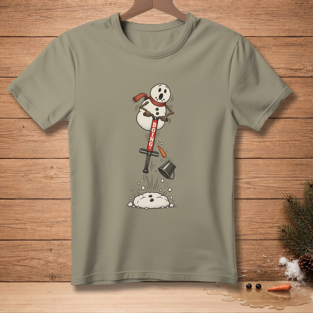 Snowman on pogo stick with "BOING" text, falling apart.