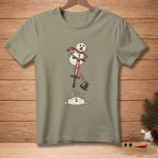 Snowman on pogo stick with "BOING" text, falling apart.