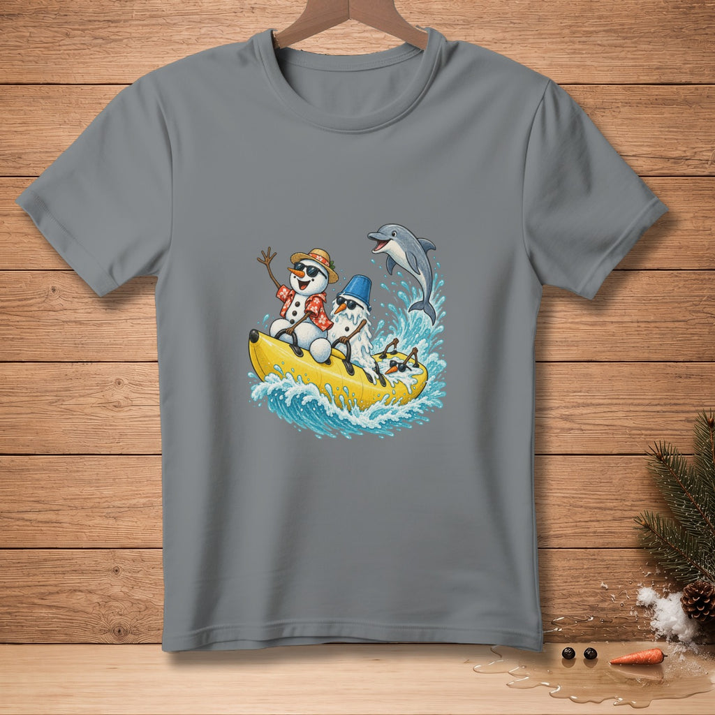 Snowmen riding a banana boat with a dolphin jumping nearby.