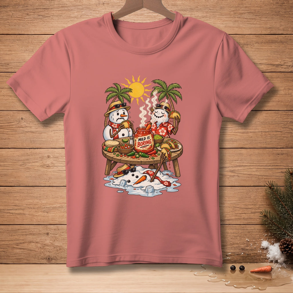 Two melting snowmen eating tacos at a table with a "Mild Is Boring" salsa jar.