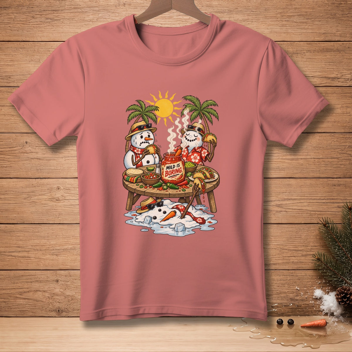 Two melting snowmen eating tacos at a table with a "Mild Is Boring" salsa jar.