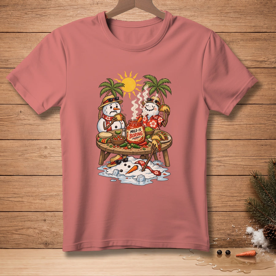 Two melting snowmen eating tacos at a table with a "Mild Is Boring" salsa jar.