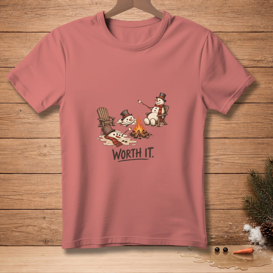 Snowmen melting by a campfire with text "WORTH IT."