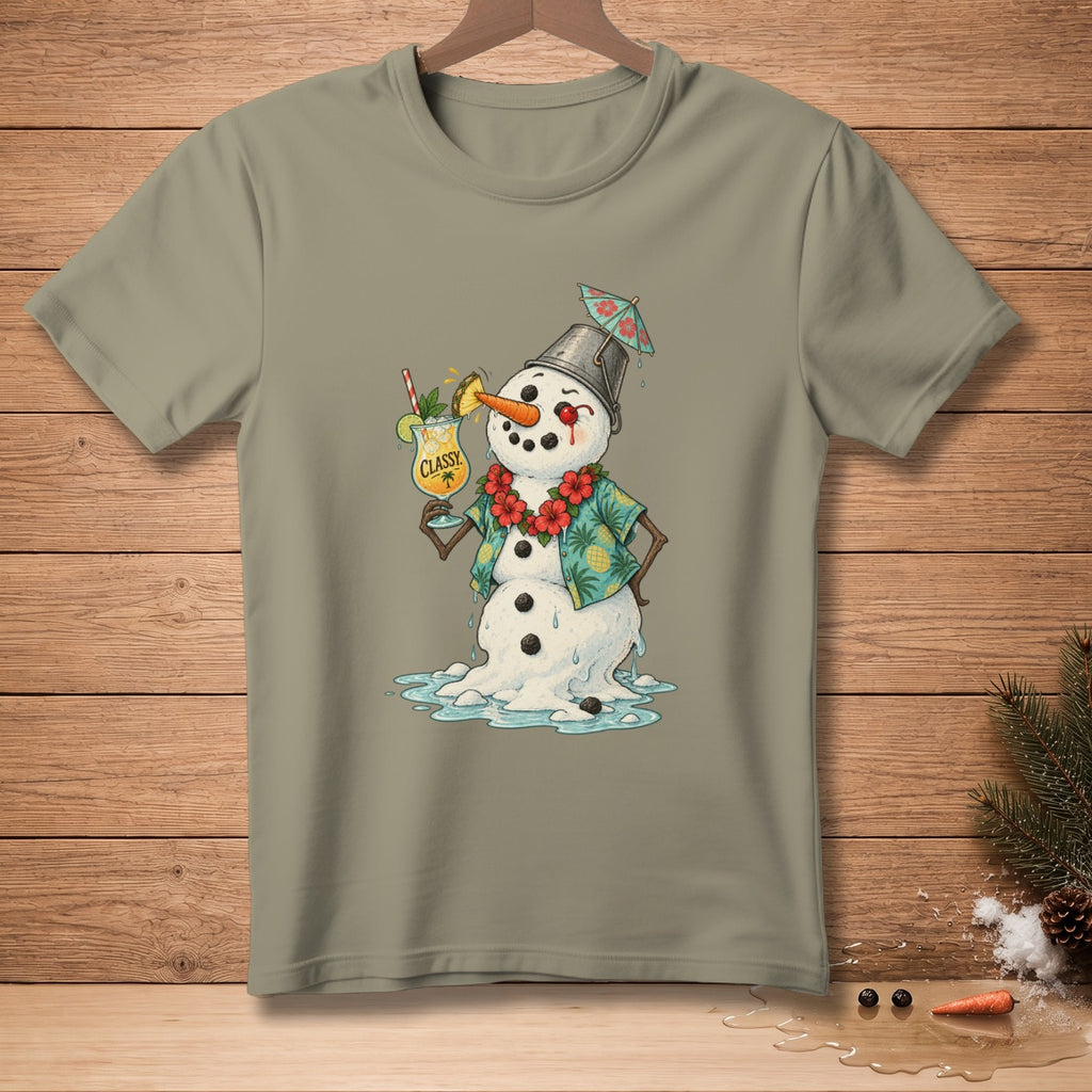 Melting snowman in Hawaiian shirt and lei holds a drink with a tiny umbrella.