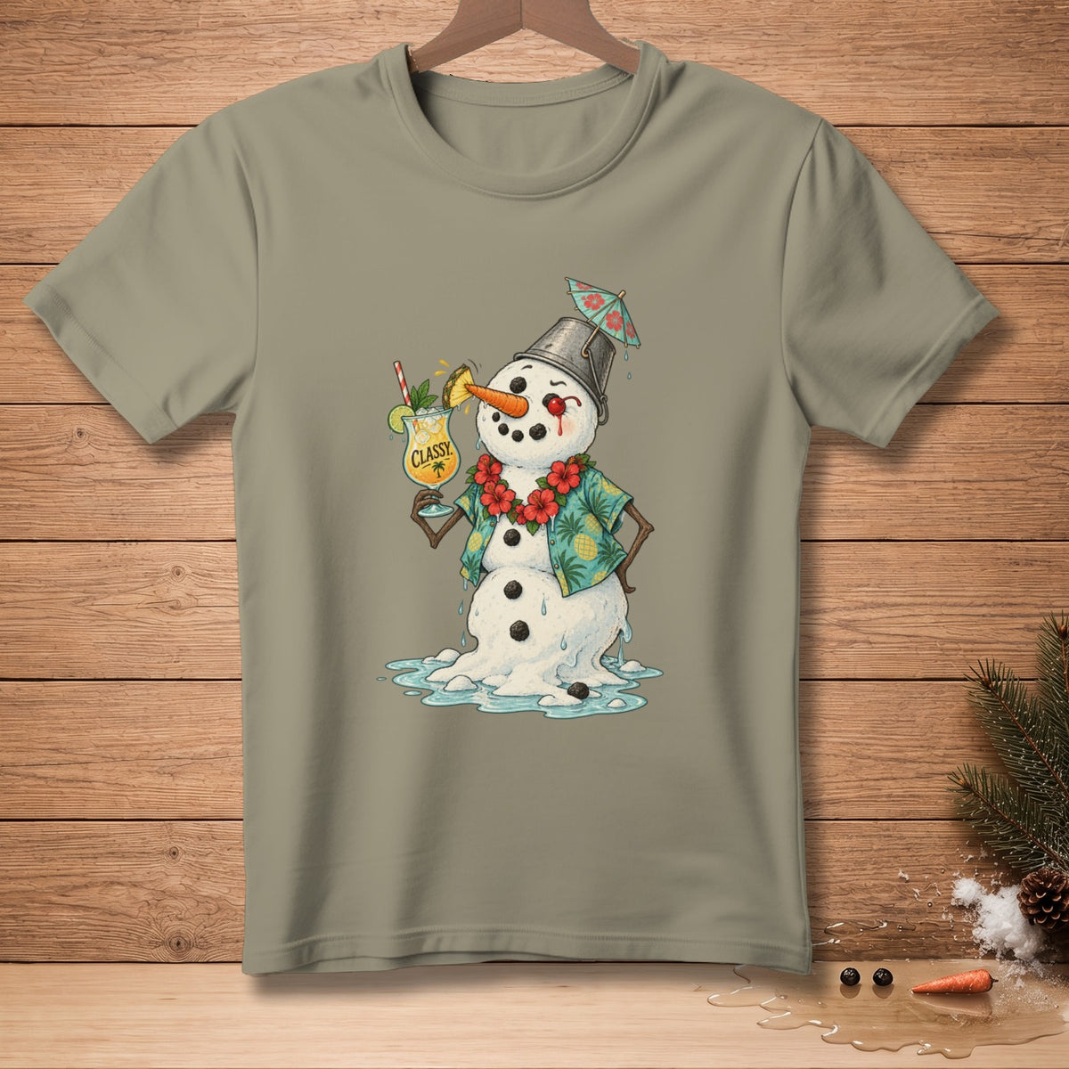 Melting snowman in Hawaiian shirt and lei holds a drink with a tiny umbrella.