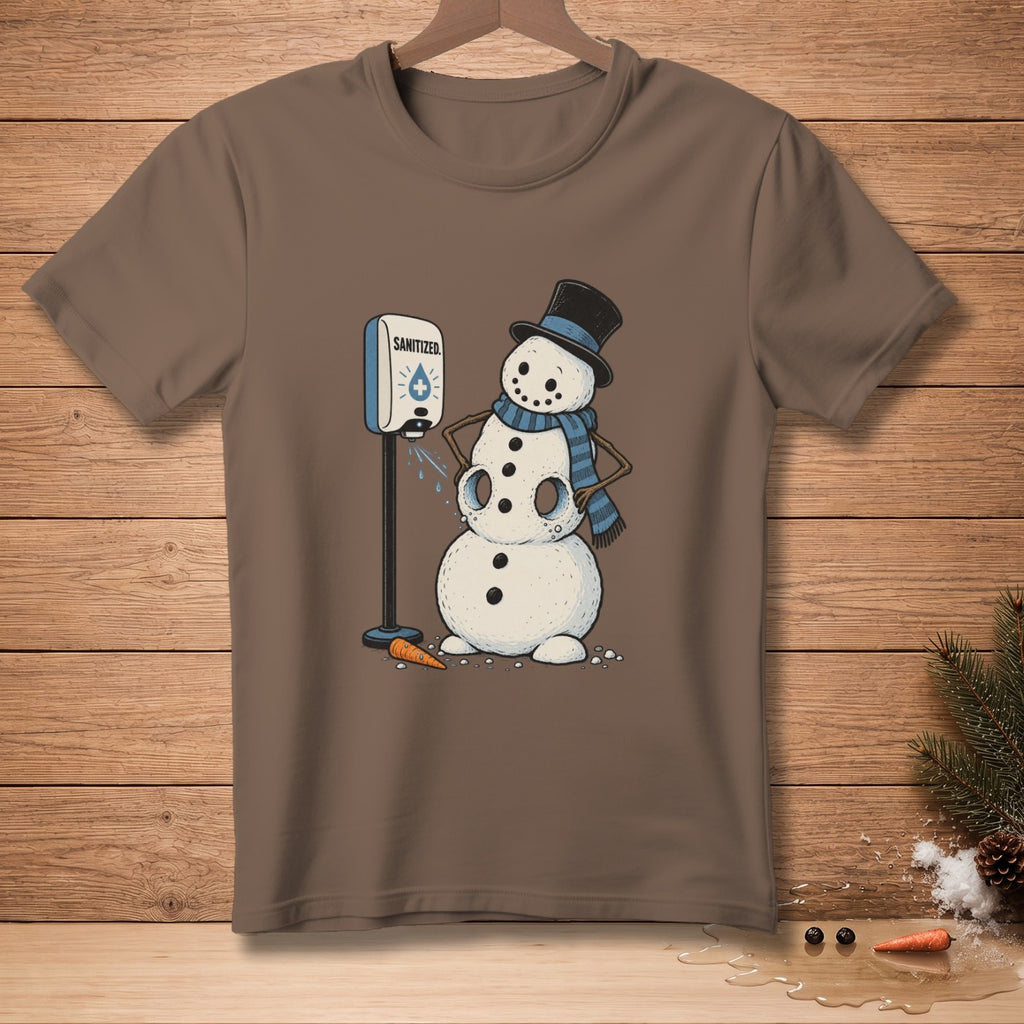 Snowman in a top hat and scarf using a sanitizer dispenser.