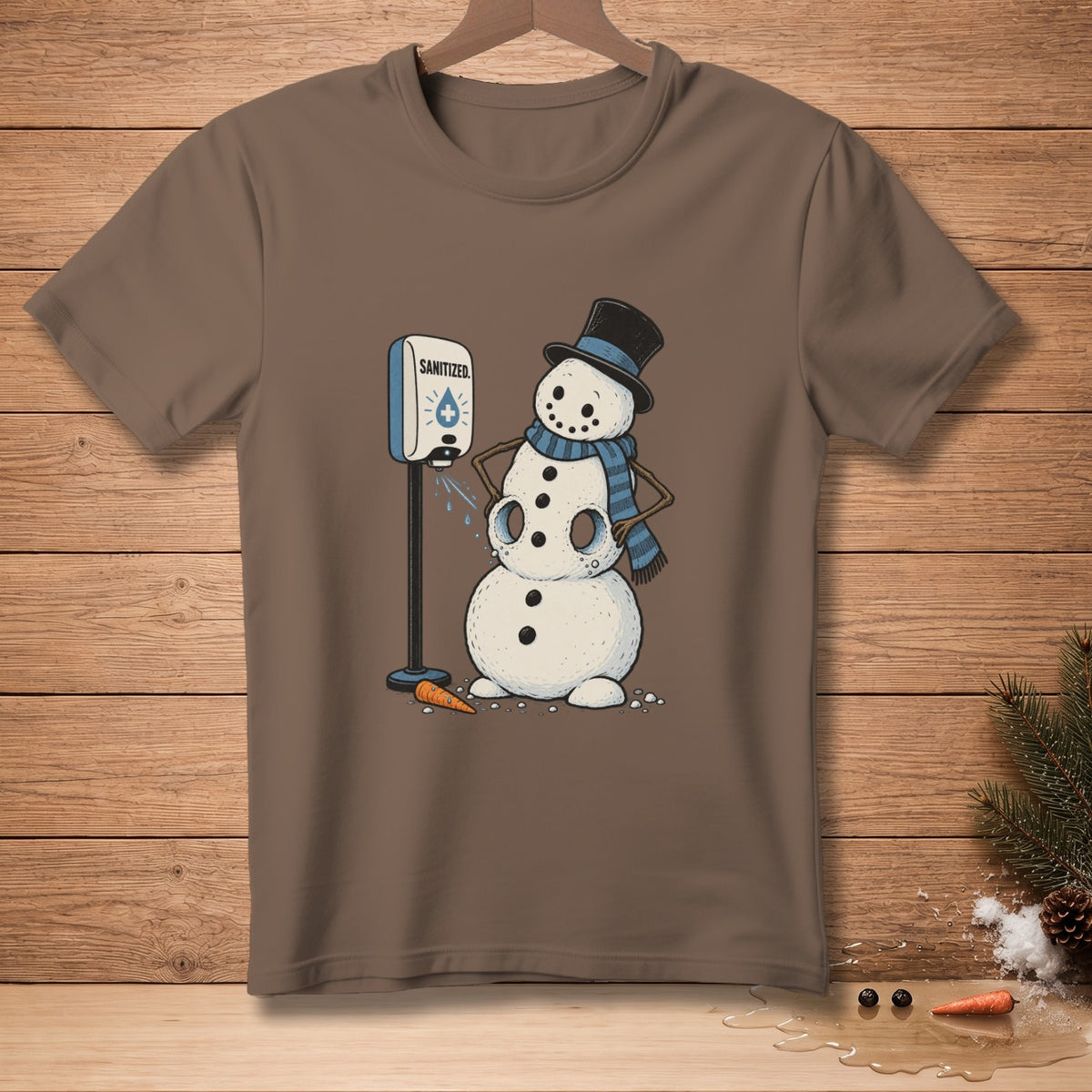 Snowman in a top hat and scarf using a sanitizer dispenser.