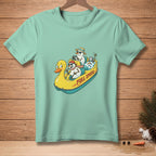 Two snowmen and a duck ride in a yellow duck-shaped boat labeled "FULL SPEED".