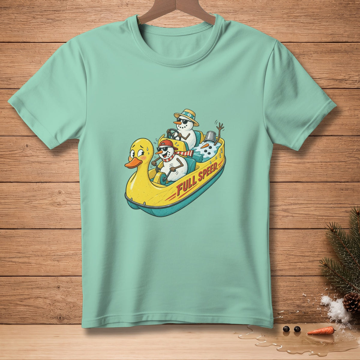 Two snowmen and a duck ride in a yellow duck-shaped boat labeled "FULL SPEED".