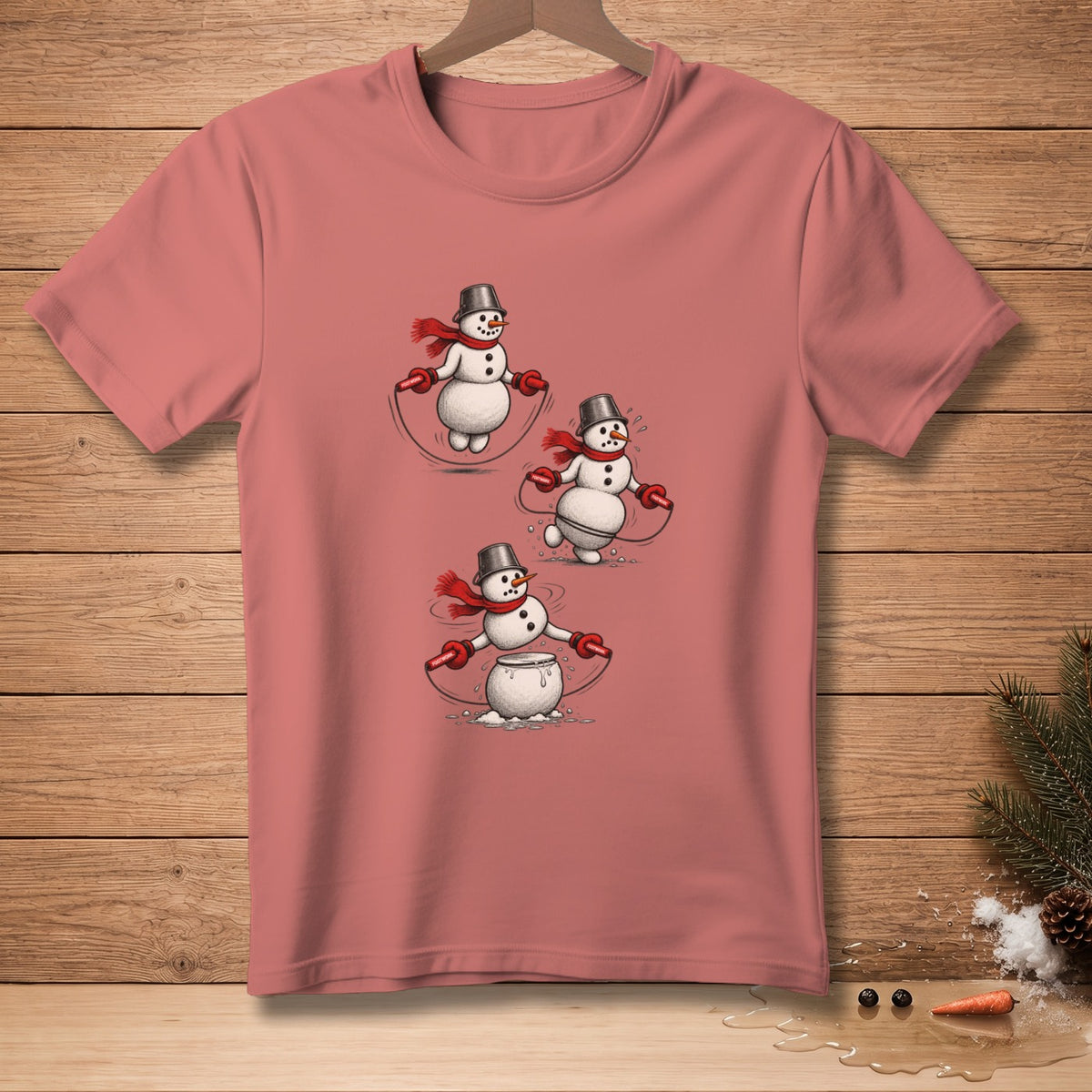T-shirt with three snowmen jumping rope wearing scarves and bucket hats.
